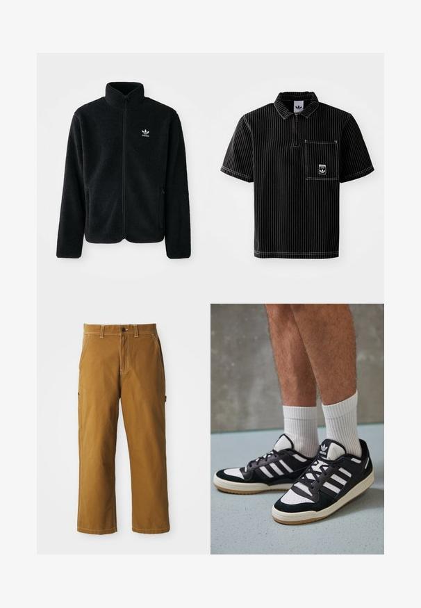 Sort fleecejakke med høj krave, lynlås foran og frontlommer. Har tekstureret stof og lille hvidt logo på venstre bryst.; Sort kortærmet polo-shirt med lynlås foran, hvide lodrette striber, brystlomme med lille logo og struktureret stof.; Brune bomuldsbukser med lige pasform, forstærkede sømme og sidelommer. Har en knaplukning og bæltestropper i taljen.; Sorte og hvide sneakers med en overdel i ruskind og læder, der har tre hvide striber, en perforeret tå og en sål i gummigummi.