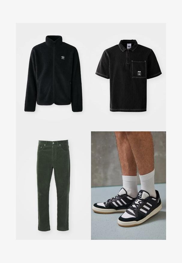 Casaco de fleece preto com gola alta, fecho de correr à frente e bolsos frontais. Apresenta um tecido texturizado e um pequeno logo branco no lado esquerdo do peito.; Camisa polo preta de manga curta com fecho zíper à frente, riscas verticais brancas, bolso no peito com pequeno logotipo e tecido texturizado.; Calças de veludo cotelê verde com um design de perna reta, apresentando cinco bolsos, fecho de botão metálico e superfície texturada ribada.; Ténis em preto e branco com upper em camurça e couro, apresentando três riscas brancas, um toe perfurado e uma sola em borracha de goma.