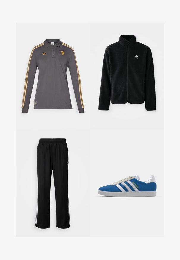 Casaco de fleece preto com gola alta, fecho de correr à frente e bolsos frontais. Apresenta um tecido texturizado e um pequeno logo branco no lado esquerdo do peito.; adidas Originals MANCHESTER UNITED ICON LONG SLEEVE POLO - Roupa de discoteca - utility black; Calças atléticas pretas com um cós elástico, apresentando riscas brancas laterais e um pequeno logótipo. O material parece macio e leve.; adidas Originals ADIDAS GAZELLE SHOES - Botas de futebol de salão - real madrid/bluebird/footwear white/crew yellow