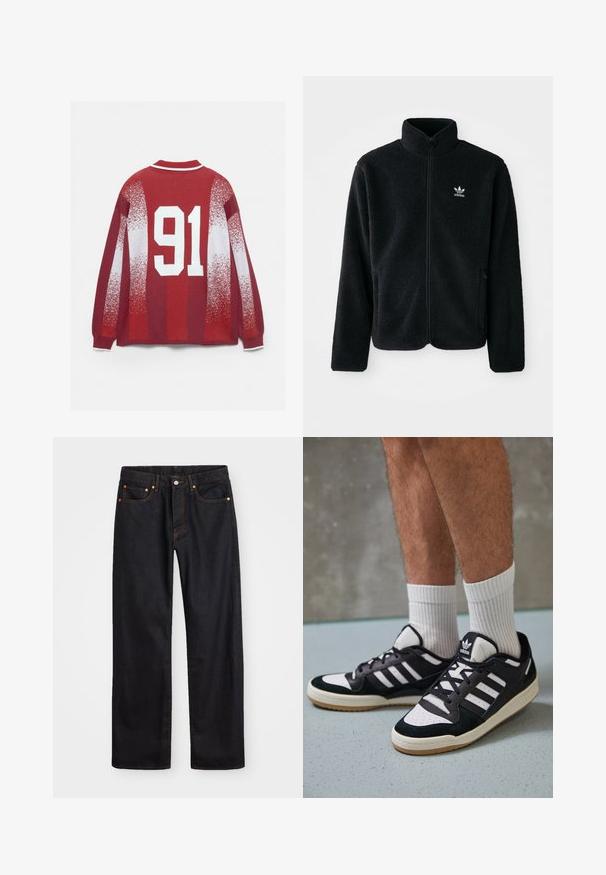 Fekete bolyhos dzseki magas gallérral, cipzáros elejével és elülső zsebeivel. Texturált anyaga és kis fehér logója van a bal mellen.; Piros pulóver fehér csíkkal ellátott gallérral, halványodó fehér mintákkal és egy nagy fehér '91'-es számmal a hátsó részén.; Férfi egyenes szabású fekete farmernadrág öt zsebbel és narancssárga varrással, gombos és cipzáros záródással elöl.; Fekete-fehér tornacipők velúr és bőr felsőrésszel, három fehér csíkkal, perforált orral és gumi talppal.