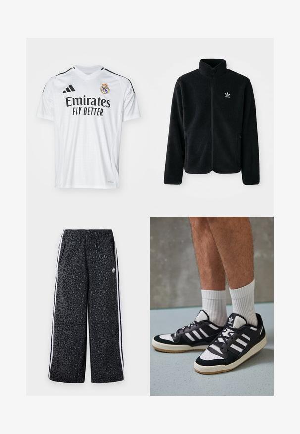 Veste en polaire noire avec col haut, fermeture éclair à l'avant et poches перед тобой. Présente un tissu texturé et un petit logo blanc sur la poitrine gauche.; Maillot de football blanc à manches courtes avec un col en V, présentant des rayures noires sur les épaules, le logo "Emirates Fly Better" et l'emblème du club.; adidas Originals GRAPHIC UNISEX - Pantalon de survêtement - black; Baskets noir et blanc avec une tige en suède et cuir, comportant trois rayures blanches, un bout perforé et une semelle en caoutchouc gum.