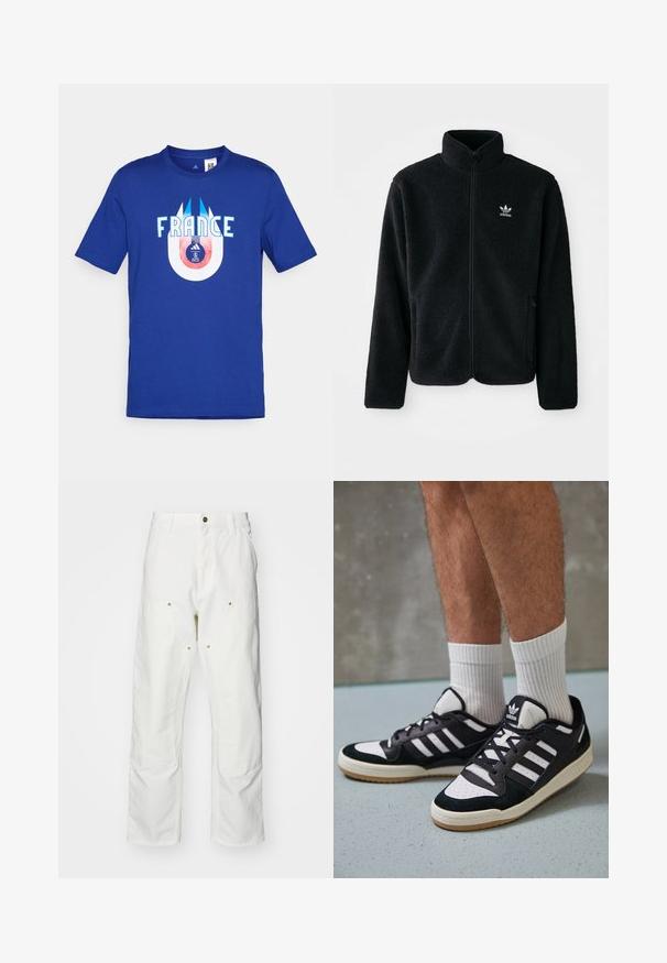 Juodas fliso džemperis su aukštu apykakle, užtrauktuku priekyje ir priekinėmis kišenėmis. Ypatybės: tekstūruota medžiaga ir mažas baltas logotipas kairėje krūtinės pusėje.; Mėlynas medvilninis marškinėliai su žodžiu "PRANCIJA" baltu šriftu, po juo esantis apskritas grafikas, vaizduojantis futbolą ir logotipą raudonai mėlynoje spalvų schemoje.; Balti medvilniniai kargo džinsai su laisvu siluetu. Ypatybės apima priekines kišenes, auksinius apdailos elementus ir sustiprintas kelio dalis.; Juodos ir baltos sportinės bateliai su zomšiniu ir odiniu viršumi, su trimis baltomis juostelėmis, perforuota koja ir guminėmis padais.