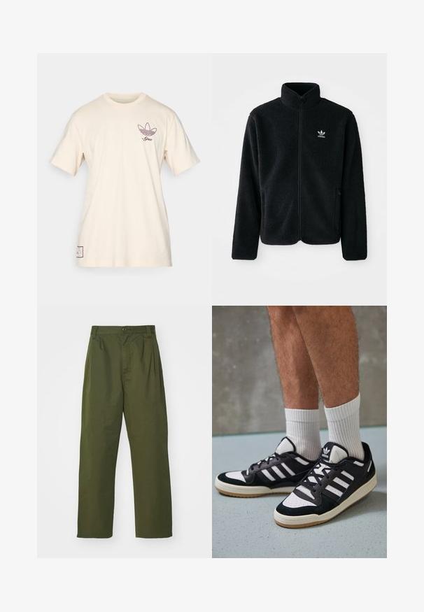 Fekete bolyhos dzseki magas gallérral, cipzáros elejével és elülső zsebeivel. Texturált anyaga és kis fehér logója van a bal mellen.; adidas Originals AJAX ICON GRAPHIC TEE - Klubruházat - halo ivory; Olívazöld, magas derekú nadrág, egyenes lábformával. Könnyű anyagból készült, elöl redőzött és gombos záródással.; Fekete-fehér tornacipők velúr és bőr felsőrésszel, három fehér csíkkal, perforált orral és gumi talppal.