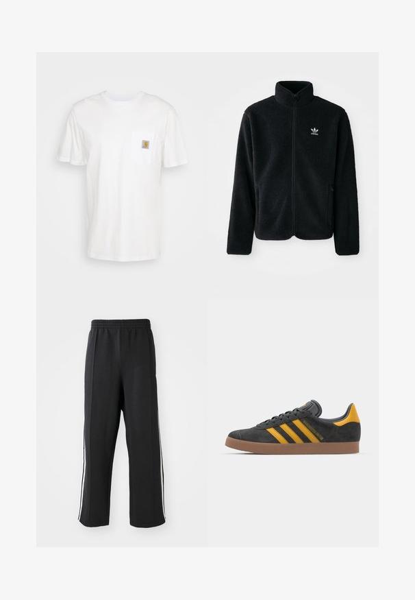 Black fleece jacket with high collar, zip front, and front pockets. Features textured fabric and small white logo on left chest.; White cotton t-shirt with short sleeves, a chest pocket, and a small square logo patch in orange and white on the pocket.; Black sweatpants with an elastic waistband, featuring white side stripes and a relaxed fit. Made from soft, stretchy fabric.; Black suede sneaker with yellow accents, featuring three stripes and a brown rubber sole. Includes a padded tongue for comfort.