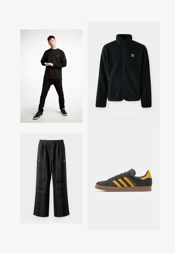 Black fleece jacket with high collar, zip front, and front pockets. Features textured fabric and small white logo on left chest.; Black long-sleeve shirt featuring a small yellow logo, paired with black jeans and black sneakers, highlighted by white soles.; Black plaid pants featuring an elastic waistband, two front pockets, and a loose fit with a straight leg design. Made from lightweight material.; Black suede sneaker with yellow accents, featuring three stripes and a brown rubber sole. Includes a padded tongue for comfort.
