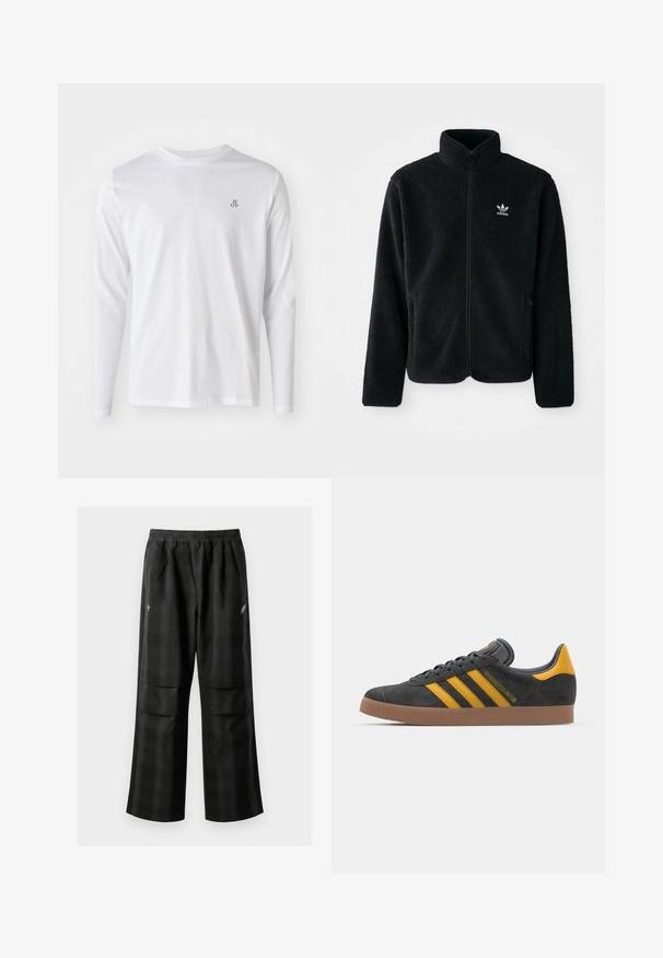 Juodas fliso džemperis su aukštu apykakle, užtrauktuku priekyje ir priekinėmis kišenėmis. Ypatybės: tekstūruota medžiaga ir mažas baltas logotipas kairėje krūtinės pusėje.; Ilgomis rankovėmis balta medvilninė marškiniai su apvaliu iškirpimu ir mažuoju „M OP“ logotipu tamsiai mėlynos spalvos kairėje krūtinės pusėje. Sklandus paviršius.; Juodos languotos kelnės su elastingu juosmeniu, dviem priekinėmis kišenėmis ir laisvu tiesiu kirpimu. Pagamintos iš lengvos medžiagos.; Juodas zomšinės sportbačiai su geltonais akcentais, turintys tris juosteles ir rudą gumos padą. Apima paminkštintą liežuvėlį patogumui.