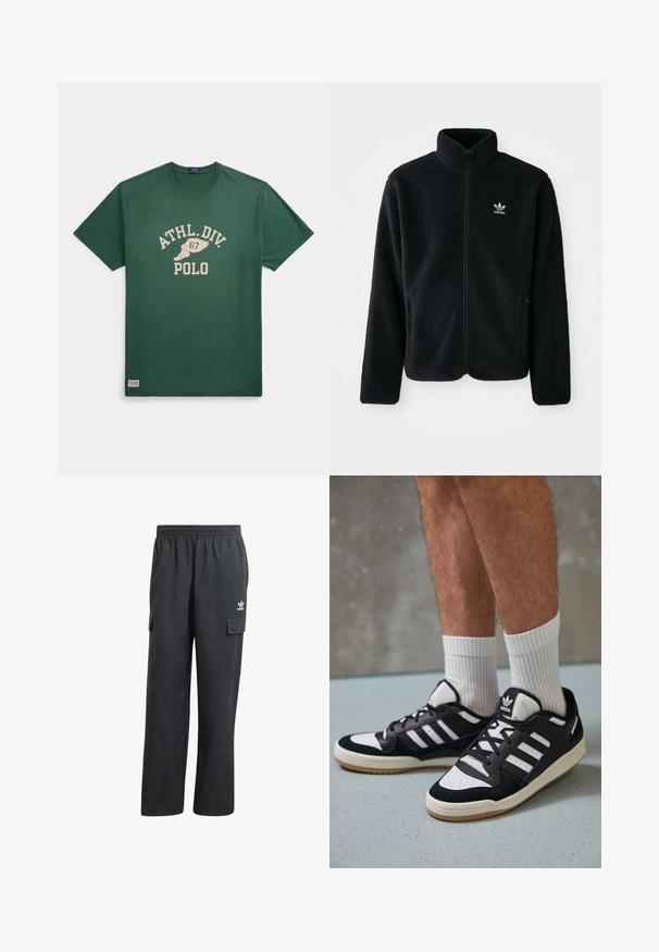 Juodas fliso džemperis su aukštu apykakle, užtrauktuku priekyje ir priekinėmis kišenėmis. Ypatybės: tekstūruota medžiaga ir mažas baltas logotipas kairėje krūtinės pusėje.; Žalia medvilninė marškinė su apvaliu kaklu, trumpomis rankovėmis ir spausdinta grafika, kurioje parašyta "ATHL.DIV. 67" ir "POLO" smėlio spalvos.; Juodų cargo kelnių su elastine juosta, dviem šoninėmis kišenėmis ir subtiliu logotipu kairėje šlaunyje. Pagaminta iš lengvos medžiagos.; Juodos ir baltos sportinės bateliai su zomšiniu ir odiniu viršumi, su trimis baltomis juostelėmis, perforuota koja ir guminėmis padais.