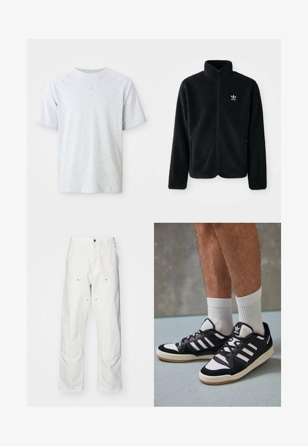 Casaco de fleece preto com gola alta, fecho de correr à frente e bolsos frontais. Apresenta um tecido texturizado e um pequeno logo branco no lado esquerdo do peito.; T-shirt de manga curta cinza claro com gola redonda, com um logótipo tonal sutil centralizado abaixo da gola, frente lisa e ajuste descontraído.; Calças cargo brancas em algodão com um corte descontraído. As características incluem bolsos frontais, detalhes em metal dourado e áreas de joelhos reforçadas.; Ténis em preto e branco com upper em camurça e couro, apresentando três riscas brancas, um toe perfurado e uma sola em borracha de goma.