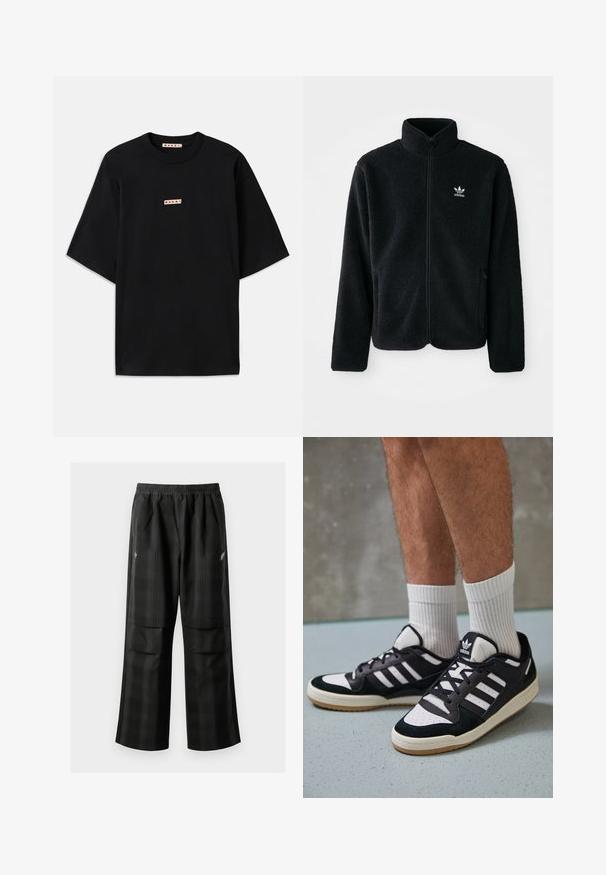 Must värviline fleecedee peasärk kõrge kraega, tõmblukuga esiosa ja esikotid. Omab tekstuuriga kangast ja väikest valget logo vasakul rinnal.; Must värviga lühikese varrukaga t-särk, mis on valmistatud puuvillast. Ümar kaelus ja rinnas on väike logo silt punase kirjaga. Minimalistlik disain.; Mustas ruudulised püksid, millel on elastne vöökoht, kaks esimest taskut ja laiem lõige sirge jala disainiga. Valmistatud kergest materjalist.; Mustvalged ja valged spordijalatsid, mille pealmine osa on valmistatud suede'ist ja nahast. Kingadel on kolm valget riba, auguline varvas ja kummist tald.