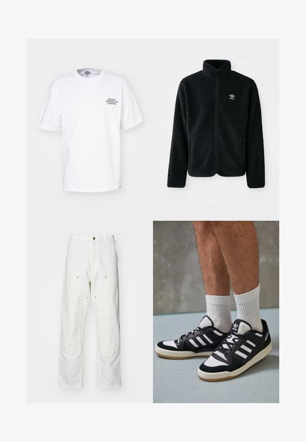 Chupa de forro polar negro con cuello alto, cierre frontal y bolsillos delanteros. Presenta tela texturizada y un pequeño logo blanco en el lado izquierdo del pecho.; Dickies GRAPHIC TEE - Camiseta estampada - white; Pantalones cargo de algodón blancos con un corte relajado. Las características incluyen bolsillos frontales, detalles en dorado y secciones de rodilla reforzadas.; Zapatillas en blanco y negro con parte superior de ante y cuero, que presentan tres franjas blancas, una puntera perforada y una suela de goma.