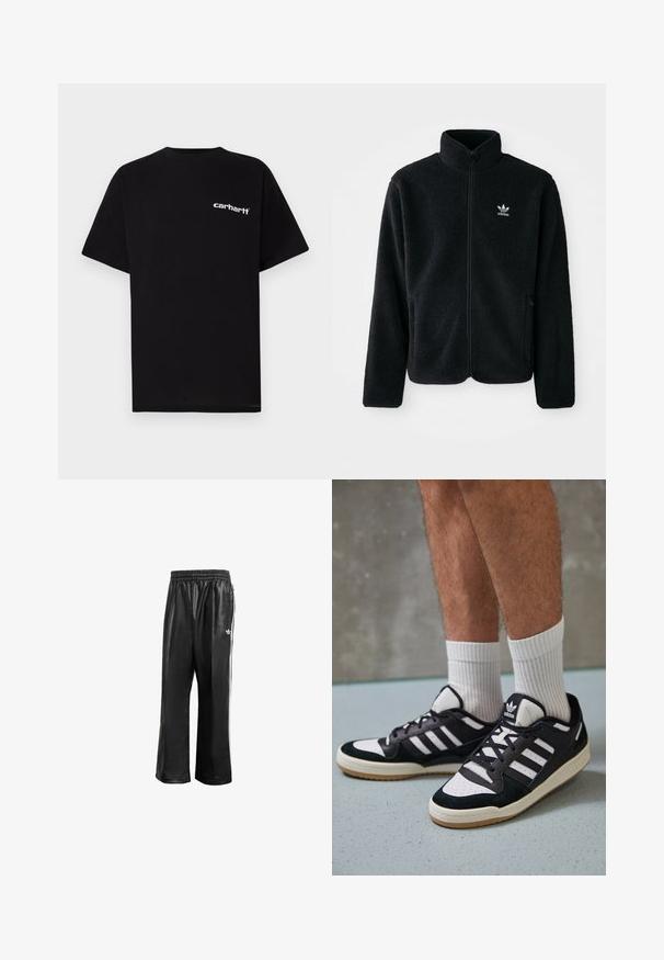 Casaco de fleece preto com gola alta, fecho de correr à frente e bolsos frontais. Apresenta um tecido texturizado e um pequeno logo branco no lado esquerdo do peito.; T-shirt preta de algodão com mangas curtas, decote redondo e logótipo branco "Carhartt" no peito esquerdo. Textura suave, design minimalista.; Calças de treino sintéticas pretas com um cós elástico, apresentando riscas laterais brancas e um pequeno logótipo branco no quadril esquerdo.; Ténis em preto e branco com upper em camurça e couro, apresentando três riscas brancas, um toe perfurado e uma sola em borracha de goma.