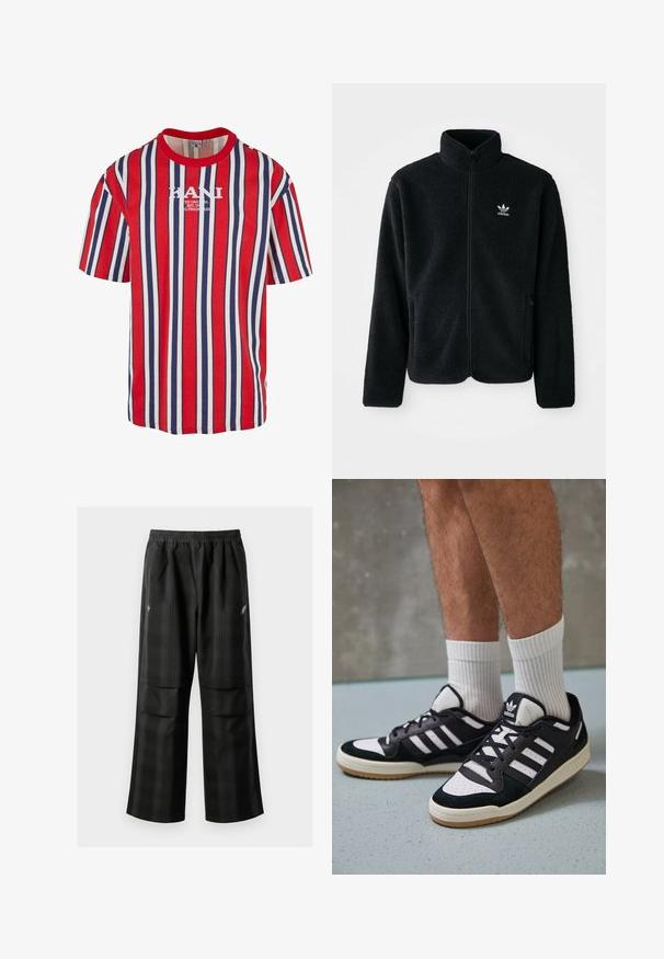 Chupa de forro polar negro con cuello alto, cierre frontal y bolsillos delanteros. Presenta tela texturizada y un pequeño logo blanco en el lado izquierdo del pecho.; Camiseta de manga corta a rayas rojas, azules y blancas con cuello redondo. Presenta el logo de KANI en blanco en el centro. Hecha de algodón.; Pantalones de cuadros negros con cintura elástica, dos bolsillos frontales y un ajuste holgado con diseño de pierna recta. Fabricados en material ligero.; Zapatillas en blanco y negro con parte superior de ante y cuero, que presentan tres franjas blancas, una puntera perforada y una suela de goma.