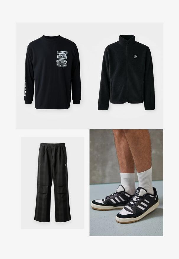 Svart fleecejacka med hög krage, blixtlås fram och framfickor. Har strukturtyg och en liten vit logotyp på vänster bröst.; Svart långärmad t-shirt med rundad halsringning. Har vita tryckta grafik: "Manastash Sports Committee" och en design på vänster bröst.; Svarta rutiga byxor med elastisk midja, två framfickor och en lös passform med rak bendesign. Tillverkade av lätt material.; Svartvita sneakers med ovandel i mocka och läder, med tre vita ränder, perforerad tå och sula av gummigummi.