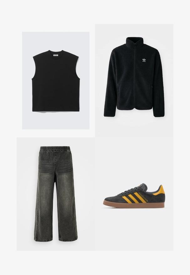 Svart fleecejakke med høy krage, glidelås foran og frontlommer. Har strukturert stoff og liten hvit logo på venstre bryst.; Svart ermeløs topp laget av myk bomullsstoff, med rund halslinning og en boksformet silhuett med rene kanter.; Svarte, vasket denimbukser med elastisk midje og vide ben, med subtile vertikale sømdetaljer på sidene.; Sort skinnesko i svart semsket skinn med gule detaljer, med tre striper og en brun gummisåle. Inkluderer en polstret tunge for komfort.