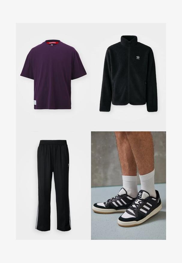 Must värviline fleecedee peasärk kõrge kraega, tõmblukuga esiosa ja esikotid. Omab tekstuuriga kangast ja väikest valget logo vasakul rinnal.; Lilla lühikeste varrukatega T-särk, mis on valmistatud puuvillast. Omab ümarat kaelaauku ja sildit all vasakul. Sile tekstuur ja lahtine lõige.; Mustad mustad spordipüksid elastse vöökohaga, millel on valged küljeread ja väike logo. Materjal tundub pehme ja kerge.; Mustvalged ja valged spordijalatsid, mille pealmine osa on valmistatud suede'ist ja nahast. Kingadel on kolm valget riba, auguline varvas ja kummist tald.