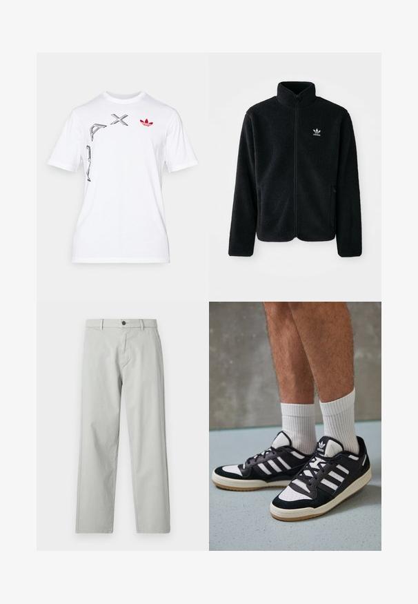 Melns flīsa mētelis ar augstu apkakli, ar rāvējslēdzēju priekšā un priekšējiem kabatām. Iezīmē ar teksturētu audumu un mazu baltu logo uz kreisā krūtīm.; Balta kokvilnas t-krekls ar melniem grafiskiem dizainiem un sarkano Adidas trefoilu logo augšējā kreisajā pusē. Apaļa kakla izgriezne un īsām piedurknēm.; Gaiši pelēkas, taisnas bikses, izgatavotas no gludas, audētas auduma. Izkārtojums ar priekšējo pogu aizdari un sānu kabatām. Minimālisma stils.; Melnas un baltas kedas ar zamša un ādas augšdaļu, kas aprīkotas ar trim baltām svītrām, perforētu purngali un gumijas zolēm.