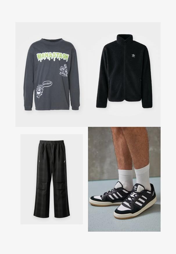 Svart fleecejakke med høy krage, glidelås foran og frontlommer. Har strukturert stoff og liten hvit logo på venstre bryst.; Grå langermet t-skjorte med grønn rennende tekst "MANASTASH," med hvite tegneserieelementer: en sopp og en karakter som sier "BOOYEAH!"; Svarte rutete bukser med elastisk midje, to frontlommer og løs passform med rett ben-design. Laget av lett materiale.; Sorte og hvite sneakers med overdel i semsket skinn og lær, med tre hvite striper, perforert tå og en såle av gummi.