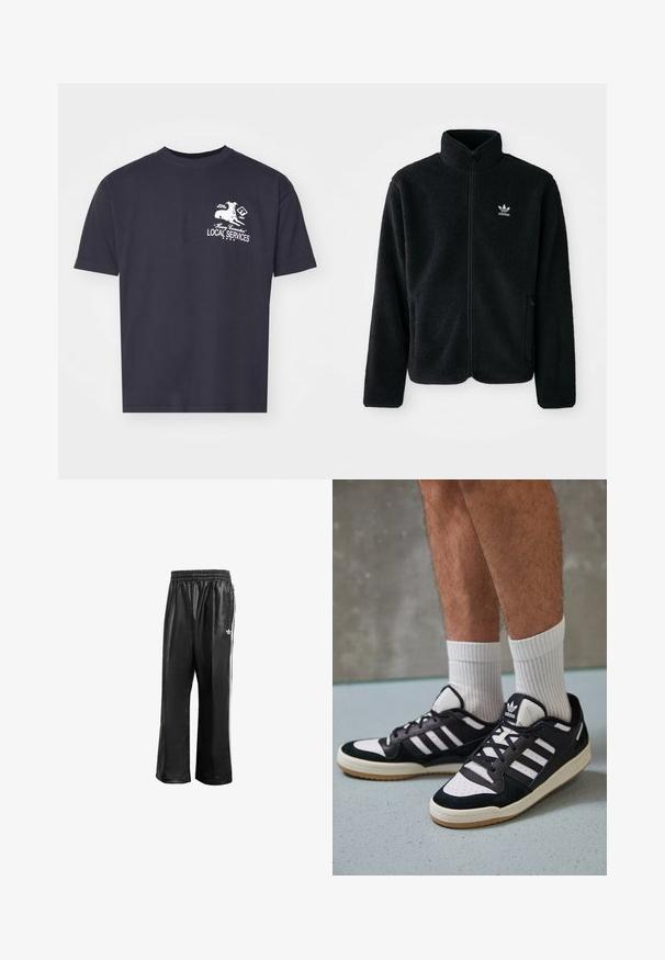 Juodas fliso džemperis su aukštu apykakle, užtrauktuku priekyje ir priekinėmis kišenėmis. Ypatybės: tekstūruota medžiaga ir mažas baltas logotipas kairėje krūtinės pusėje.; Tamsiai mėlyna medvilninė marškinėliai trumpomis rankovėmis su baltu grafiniu šunelio piešiniu ir tekstu „VIETINIAI PASLAUGOS“ priekyje.; Juodos sintetinių medžiagų treniruočių kelnės su elastingu juosmeniu, su baltomis šoninėmis juostelėmis ir mažuoju baltu logotipu kairėje klubo pusėje.; Juodos ir baltos sportinės bateliai su zomšiniu ir odiniu viršumi, su trimis baltomis juostelėmis, perforuota koja ir guminėmis padais.