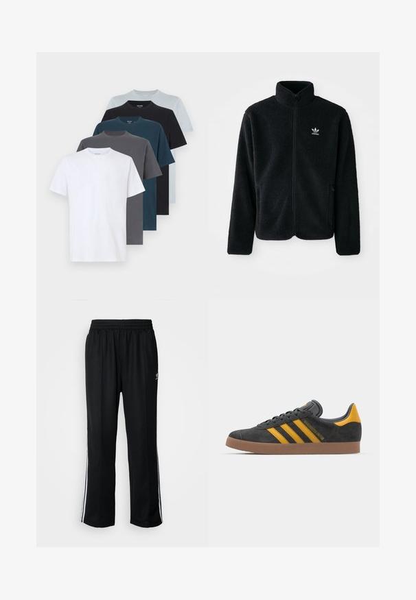 Fekete bolyhos dzseki magas gallérral, cipzáros elejével és elülső zsebeivel. Texturált anyaga és kis fehér logója van a bal mellen.; Hat darabos, kerek nyakú póló szett különböző színekben: fehér, világoskék, sötétszürke, türkiz, tengerészkék és fekete. Puha pamut anyagból, rövid ujjú.; Fekete sportnadrág rugalmas derékrésszel, fehér oldalsávokkal és egy kis logóval. Az anyaga lágy és könnyűnek tűnik.; Fekete velúrbőr sportcipő sárga díszítéssel, három csíkkal és barna gumitalppal. Párnázott nyelvével a kényelem érdekében.