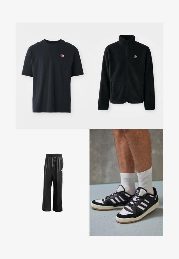 Fekete bolyhos dzseki magas gallérral, cipzáros elejével és elülső zsebeivel. Texturált anyaga és kis fehér logója van a bal mellen.; Fekete pamut póló rövid ujjakkal, kerek nyakkal, és egy apró piros tornacipő logóval hímzve a bal mellrészen. Sima textúra és minimál design.; Fekete szintetikus tréningnadrág elasztikus derékkal, fehér oldalcsíkokkal és egy kis fehér logóval a bal csípőn.; Fekete-fehér tornacipők velúr és bőr felsőrésszel, három fehér csíkkal, perforált orral és gumi talppal.