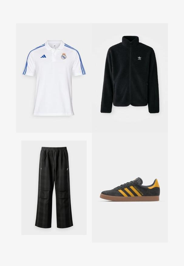 Black fleece jacket with high collar, zip front, and front pockets. Features textured fabric and small white logo on left chest.; White polo shirt made of cotton, featuring blue stripes on the shoulders, an embroidered club logo on the chest, and a classic collar.; Black plaid pants featuring an elastic waistband, two front pockets, and a loose fit with a straight leg design. Made from lightweight material.; Black suede sneaker with yellow accents, featuring three stripes and a brown rubber sole. Includes a padded tongue for comfort.