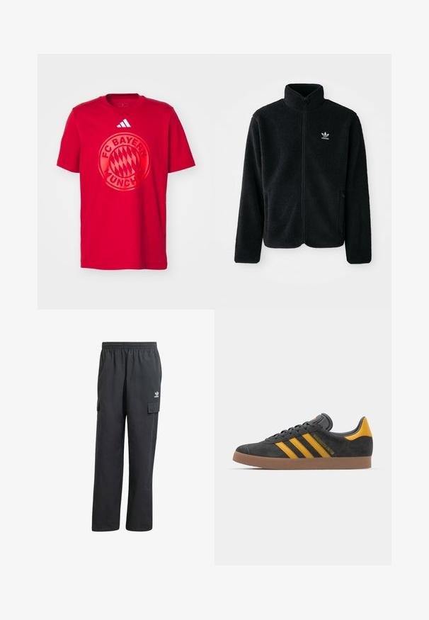 Crna fleec jakna s visokim ovratnikom, prednjim zatvaračem i prednjim džepovima. Ima teksturirani materijal i mali bijeli logo na lijevoj strani prsnog koša.; Crvena pamučna majica s velikim kružnim logotipom FC Bayern München u središtu. Adidasov logotip s tri pruge se nalazi u gornjem desnom kutu.; Crne cargo hlače s elastičnim pojasom, dva bočna džepa i suptilan logo na lijevom bedru. Izrađene su od lagane tkanine.; Crne nubuk tenisice s žutim detaljima, sa tri pruge i smešnim gumenim potplatom. Imaju jastučić na jeziku za udobnost.
