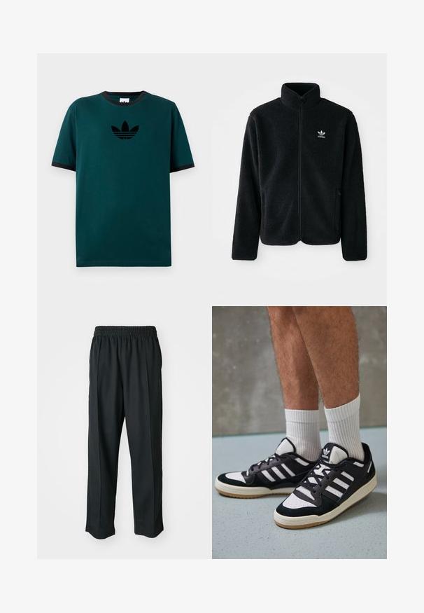 Juodas fliso džemperis su aukštu apykakle, užtrauktuku priekyje ir priekinėmis kišenėmis. Ypatybės: tekstūruota medžiaga ir mažas baltas logotipas kairėje krūtinės pusėje.; Žalias trumpomis rankovėmis marškinėliai su juodu guma aptrauktu apykakle, su juodu spausdintu logotipu ant krūtinės ir laisvu siluetu. Lygus medvilnės audinys.; Juodi sportiniai kelnių modeliai su elastinga juosmena, pagaminti iš šiurkščios medžiagos, su subtiliomis šoninėmis siūlėmis ir laisva, tiesia koja.; Juodos ir baltos sportinės bateliai su zomšiniu ir odiniu viršumi, su trimis baltomis juostelėmis, perforuota koja ir guminėmis padais.