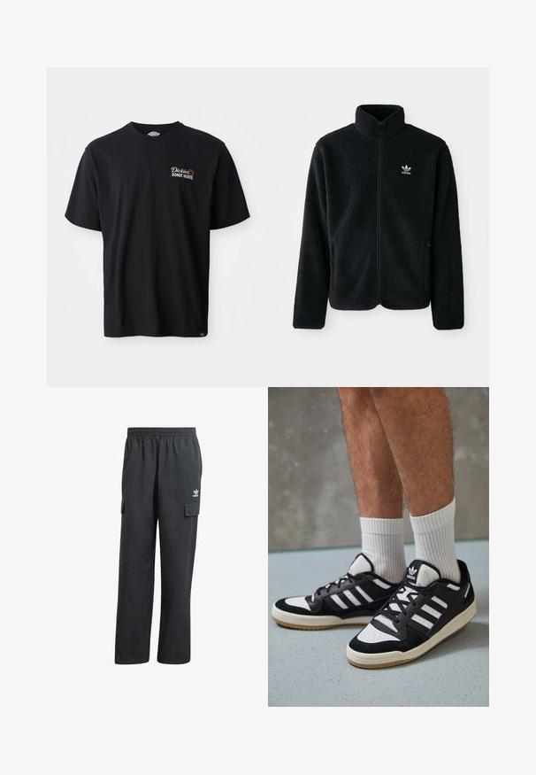 Casaco de fleece preto com gola alta, fecho de correr à frente e bolsos frontais. Apresenta um tecido texturizado e um pequeno logo branco no lado esquerdo do peito.; T-shirt de algodão preto com mangas curtas. Apresenta um logotipo bordado "Dickies Donut House" na área do lado esquerdo do peito. Design clássico de gola redonda.; Calças cargo pretas com um cós elástico, dois bolsos laterais e um logótipo subtil na coxa esquerda. Feitas de um tecido leve.; Ténis em preto e branco com upper em camurça e couro, apresentando três riscas brancas, um toe perfurado e uma sola em borracha de goma.