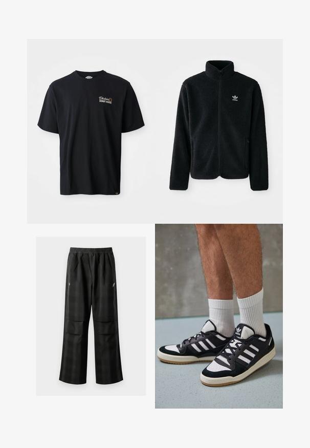 Črna flis jakna z visokim ovratnikom, z zadrgo spredaj in sprednjimi žepi. Ima strukturno blago in majhno belo logo na levi strani prsnega koša.; Črna bombažna majica s kratkimi rokavi. Ima vezeno logo "Dickies Donut House" na levem prsnem predelu. Klasična zasnova s полкроцом.; Črne karirane hlače z elastičnim pasom, dvema sprednjima žepoma in ohlapnim krojem s pravimi nogavicami. Narejene so iz lahke tkanine.; Črno-bele superge z zgornjim delom iz usnja in nubuka, ki imajo tri bele črte, perforiran vrh prstov in podplat iz gume.