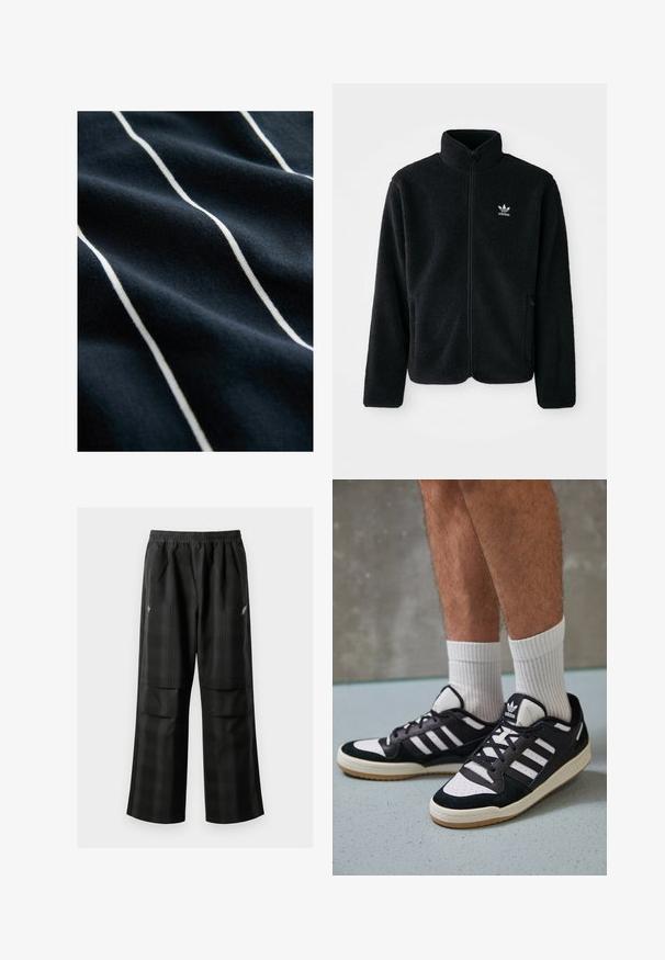 Černá fleecová bunda s vysokým límcem, předním zipem a předními kapsami. Disponuje strukturovanou tkaninou a malým bílým logem na levé hrudi.; Námořnická modrá látka s bílými svislými pruhy, se hladkou texturou a mírným leskem, který zdůrazňuje pruhovaný design.; Černé kostkované kalhoty s elastickým pasem, dvěma předními kapsami a volným střihem se rovnými nohavicemi. Vyrobeny z lehkého materiálu.; Černobílé tenisky s vrchní částí z semišové a kožené kůže, včetně tří bílých pruhů, perforovaného špičky a podrážky z gumy.