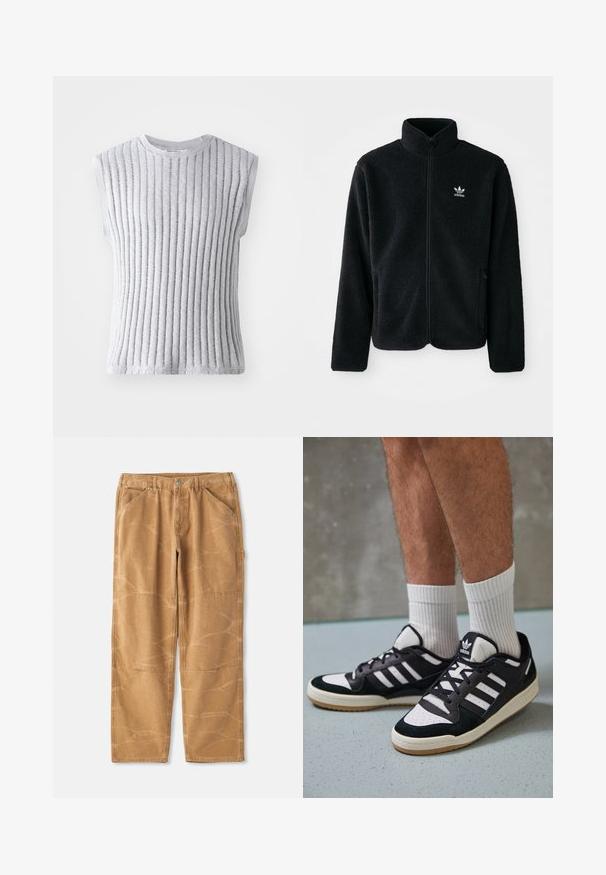 Casaco de fleece preto com gola alta, fecho de correr à frente e bolsos frontais. Apresenta um tecido texturizado e um pequeno logo branco no lado esquerdo do peito.; Top cinza sem mangas com textura de ribbing vertical, tecido de malha suave, decote redondo e bordas brutas na bainha e nas cavas.; Calças de algodão bege com um ajuste solto, apresentando linhas de costura visíveis, detalhes em remendo e uma textura ligeiramente amarrotada.; Ténis em preto e branco com upper em camurça e couro, apresentando três riscas brancas, um toe perfurado e uma sola em borracha de goma.