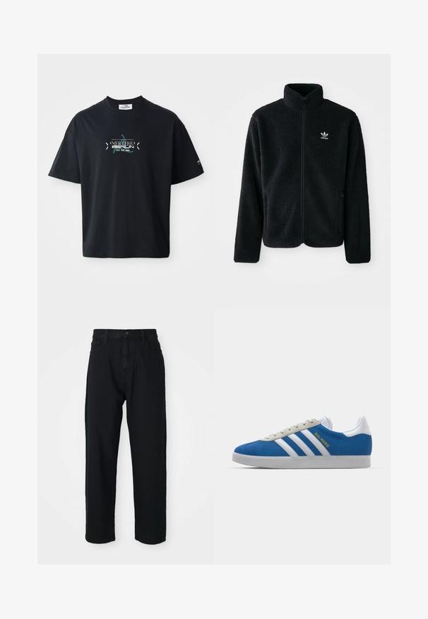 Jachetă din fleece neagră cu guler înalt, fermoar pe față și buzunare frontale. Caracteristici ale materialului texturat și un mic logo alb pe pieptul stâng.; Tricou din bumbac negru cu guler rotund, având un design grafic turcoaz și text pe față. Mâneci scurte și croială lejeră.; Pantaloni din denim negru cu croială dreaptă. Au un design clasic cu cinci buzunare, închidere cu nasture și o textură subtilă a materialului.; adidas Originals ADIDAS GAZELLE SHOES - Ghete de fotbal de sală - real madrid/bluebird/footwear white/crew yellow