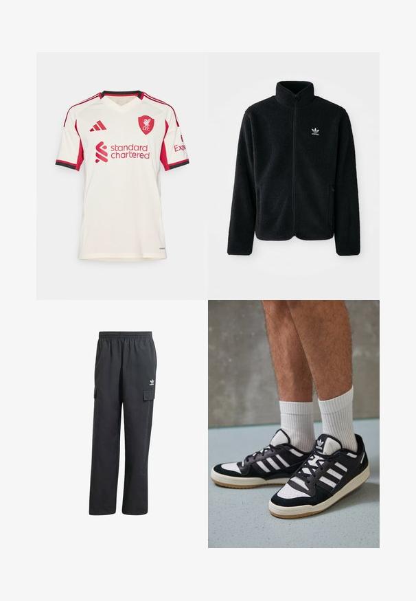 Crna fleec jakna s visokim ovratnikom, prednjim zatvaračem i prednjim džepovima. Ima teksturirani materijal i mali bijeli logo na lijevoj strani prsnog koša.; Bijela kratka nogometna majica s crvenim detaljima, s v-izrezom, crvenim trakama na rukavima i logom "standard chartered". L.F.C. grb na prsima.; Crne cargo hlače s elastičnim pojasom, dva bočna džepa i suptilan logo na lijevom bedru. Izrađene su od lagane tkanine.; Crne i bijele tenisice s gornjim dijelom od antilopa i kože, s tri bijele pruge, perforiranim prstom i gumiranim potplatom.