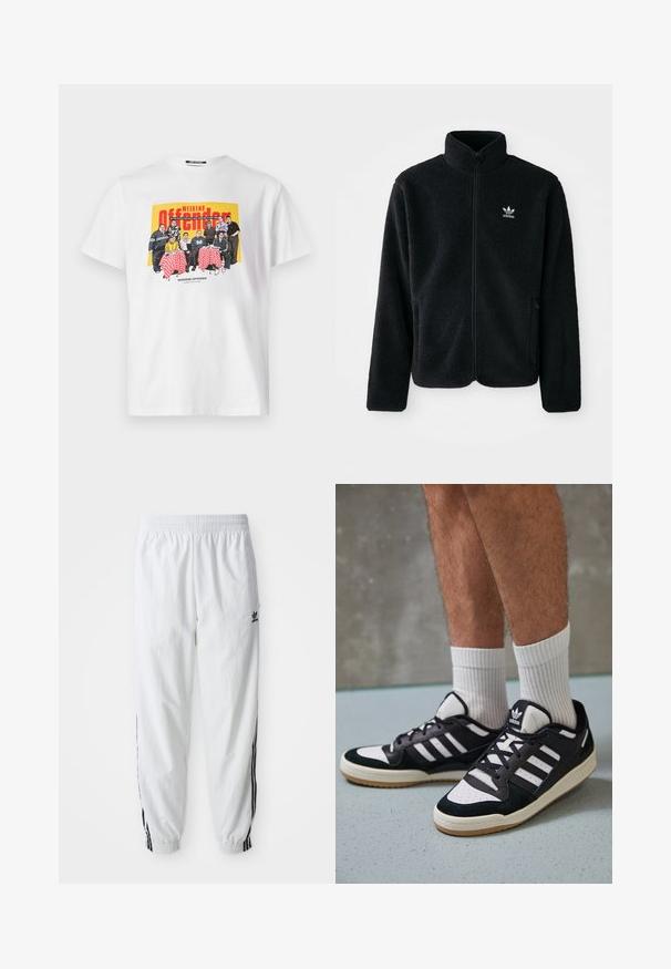 Black fleece jacket with high collar, zip front, and front pockets. Features textured fabric and small white logo on left chest.; White cotton t-shirt featuring a colorful graphic of a group at a table, with red checkered tablecloths and text stating "WEEKEND OFFENDER."; White athletic pants with black side stripes, elastic waistband, and cuffs; features Adidas logo on the left thigh. Smooth fabric texture.; Black and white sneakers with a suede and leather upper, featuring three white stripes, a perforated toe, and a gum rubber sole.