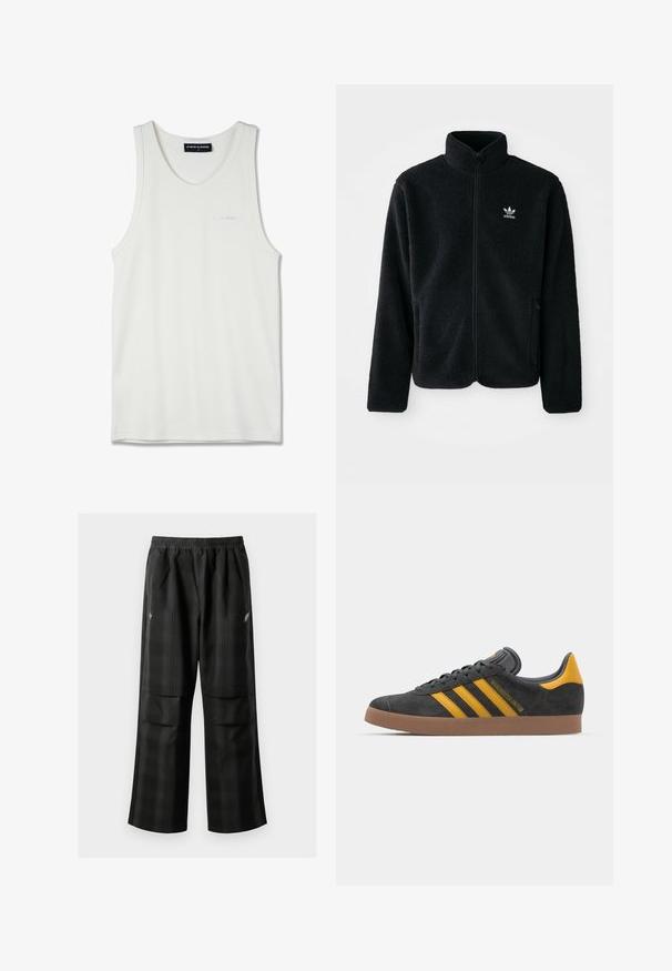 Zwarte fleece jacket met hoge kraag, ritssluiting aan de voorkant en voorzakken. Kenmerkt zich door textuurstof en een klein wit logo op de linkerborst.; Witte katoenen tanktop met een ronde halslijn en smalle schouderbandjes. Bevat een subtiele geborduurde logo in lichtblauw op de borst.; Zwarte geruite broek met een elastische tailleband, twee voorzakken en een losse pasvorm met een rechte pijpdesign. Gemaakt van lichtgewicht materiaal.; Zwarte suède sneakers met gele accenten, voorzien van drie strepen en een bruine rubberen zool. Inclusief een gevoerde tong voor comfort.