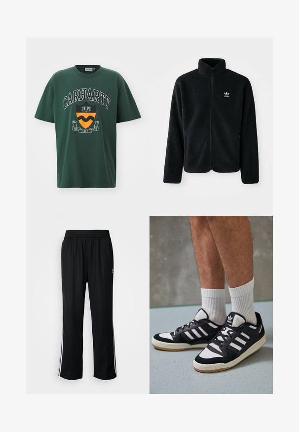 Svart fleecejakke med høy krage, glidelås foran og frontlommer. Har strukturert stoff og liten hvit logo på venstre bryst.; Mørkegrønn bomull t-skjorte med en fet hvit "CARHARTT" logo, et skjoldgrafikk i oransje og svart, og korte ermer.; Sorte treningsbukser med elastisk midjebånd, med hvite sidestiper og en liten logo. Materialet ser mykt og lett ut.; Sorte og hvite sneakers med overdel i semsket skinn og lær, med tre hvite striper, perforert tå og en såle av gummi.