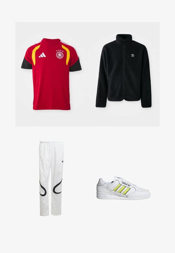 Chupa de forro polar negro con cuello alto, cierre frontal y bolsillos delanteros. Presenta tela texturizada y un pequeño logo blanco en el lado izquierdo del pecho.; Camiseta nacional de fútbol de Alemania en rojo con mangas negras, detalles amarillos en los hombros, logo de Adidas y escudo del equipo con cuatro estrellas en el pecho.; Pantalones deportivos blancos con una textura suave, que presentan diseños curvados en negro a los lados y un logo negro cerca de la cintura.; Zapatilla blanca de cuero con tres rayas verticales amarillas y negras, detalles perforados en la punta y suela de goma. Presenta el logo de la marca en el lateral.