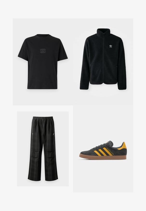 Musta fleece-takki, jossa on korkea kaulus, vetoketjusuljenta ja etutaskut. Käyttää teksturoitua kangasta ja siinä on pieni valkoinen logo vasemmassa rinnassa.; Musta puuvillapaita, jossa on rento istuvuus, pyöreä kaula-aukko ja rintakehällä hienovaraisesti tummemmalla sävyllä painettu logo.; Mustat ruudulliset housut, joissa on joustava vyötärö, kaksi etutaskua ja rento istuvuus suoralla lahkeella. Valmistettu kevyestä materiaalista.; Mustat samettiset tennarit, joissa on keltaisia yksityiskohtia, kolmonen raita ja ruskea kumipohja. Sisältää pehmustetun kielisen mukavuutta varten.