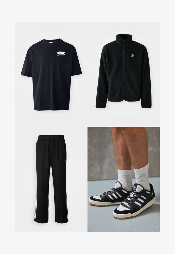 Casaco de fleece preto com gola alta, fecho de correr à frente e bolsos frontais. Apresenta um tecido texturizado e um pequeno logo branco no lado esquerdo do peito.; T-shirt de algodão preto com mangas curtas, decote redondo e estampagem gráfica frontal em branco. Corte normal e textura suave. Sem padrões ou detalhes.; Calças atléticas pretas com um cós elástico, apresentando riscas brancas laterais e um pequeno logótipo. O material parece macio e leve.; Ténis em preto e branco com upper em camurça e couro, apresentando três riscas brancas, um toe perfurado e uma sola em borracha de goma.