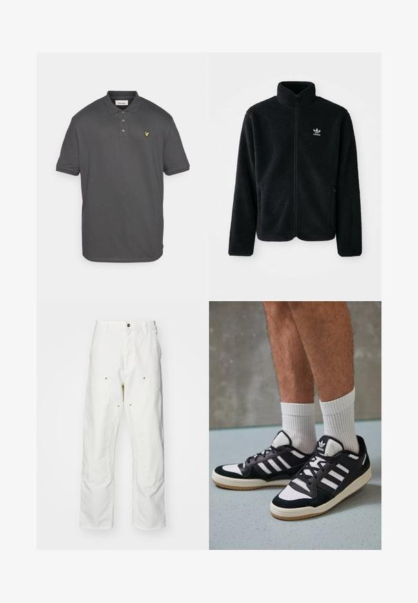 Musta fleece-takki, jossa on korkea kaulus, vetoketjusuljenta ja etutaskut. Käyttää teksturoitua kangasta ja siinä on pieni valkoinen logo vasemmassa rinnassa.; Tummanharmaa poolopaita, joka on valmistettu sileästä puuvillaseoksesta, jossa on kolmen napin listat ja pieni keltainen logo vasemmassa rinnassa.; Valkoiset puuvillaiset cargo-housut, joissa on rento istuvuus. Ominaisuuksiin kuuluvat etutaskut, kultaiset yksityiskohdat ja vahvistetut polviosat.; Valkoiset ja mustat tennarit, joissa on mokkanahka- ja nahkapäällinen, kolme valkoista raitaa, rei'itetty kärki ja kumipohja.