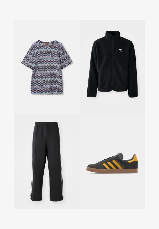 Casaco de fleece preto com gola alta, fecho de correr à frente e bolsos frontais. Apresenta um tecido texturizado e um pequeno logo branco no lado esquerdo do peito.; Camisa de manga curta com padrão de zigzag multicolorido em tons de azul, preto, rosa e branco, disposta sobre fundo branco.; Calças de moletom pretas com um cós elástico, apresentando riscas laterais brancas e um corte descontraído. Feitas de um tecido macio e elástico.; Tenis em camurça preta com detalhes amarelos, apresentando três riscas e uma sola de borracha castanha. Inclui uma língua acolchoada para maior conforto.