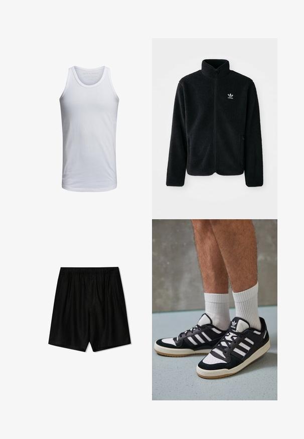 Black fleece jacket with high collar, zip front, and front pockets. Features textured fabric and small white logo on left chest.; White cotton tank top with a crew neckline, wide shoulder straps, and minimal branding printed inside the collar. Soft texture, casual fit.; Black shorts with an elastic waistband, two side pockets, and a loose fit. Made from a soft fabric with a smooth texture.; Black and white sneakers with a suede and leather upper, featuring three white stripes, a perforated toe, and a gum rubber sole.