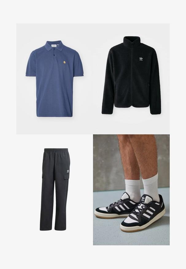 Černá fleecová bunda s vysokým límcem, předním zipem a předními kapsami. Disponuje strukturovanou tkaninou a malým bílým logem na levé hrudi.; Náměsíčně modré polo tričko s krátkými rukávy, dvoubotovou légou a malým žlutým logem na hrudi. Vyrobeno z měkkého bavlněného materiálu.; Černé cargo kalhoty s elastickým pasem, dvěma bočními kapsami a decentním logem na levém stehně. Vyrobeno z lehkého materiálu.; Černobílé tenisky s vrchní částí z semišové a kožené kůže, včetně tří bílých pruhů, perforovaného špičky a podrážky z gumy.