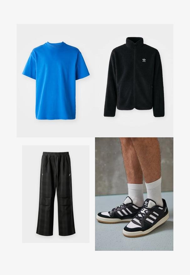 Čierna fleecová bunda s vysokým golierom, zipsom na prednej strane a prednými vreckami. Obsahuje textúrovanú tkaninu a malé biele logo na ľavej hrudi.; Modrá bavlnená tričko s okrúhlym výstrihom, krátkymi rukávmi a voľným strihom. Hladká textúra a jednoduchý dizajn bez vzorov alebo akcentov.; Čierne kockované nohavice s elastickým pásom, dvoma prednými vreckami a voľným strihom so rovnými nohavicami. Vyrobené z ľahkého materiálu.; Čierno-biele tenisky s vrchom z semišu a kože, s troma bielymi pruhmi, perforovanou špičkou a gumovou podrážkou.
