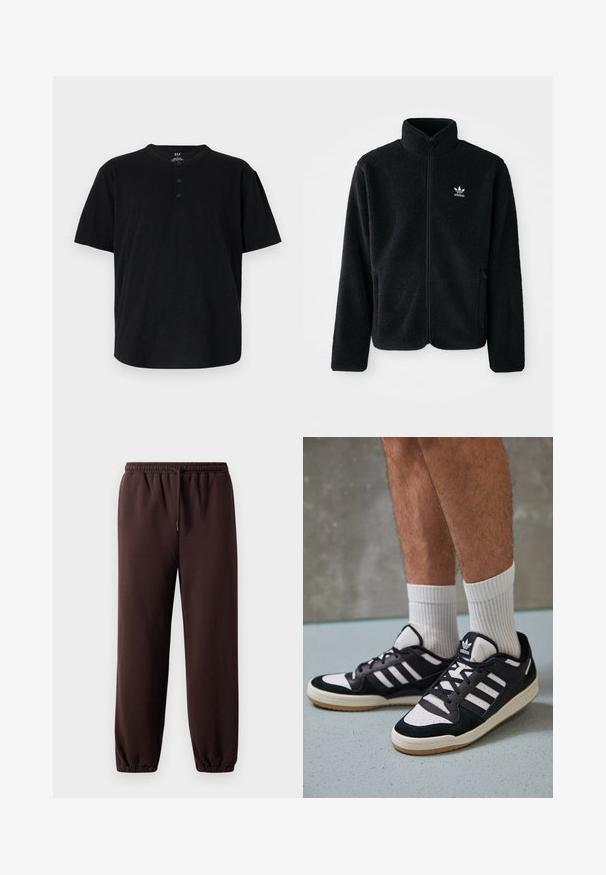 Svart fleecejakke med høy krage, glidelås foran og frontlommer. Har strukturert stoff og liten hvit logo på venstre bryst.; Svart T-skjorte med kort erme og rund hals, tre-knapps knappestolpe, og en avslappet passform. Laget av et mykt, teksturert stoff.; Brune joggebukser med snor i midjen, elastiske mansjetter og glatt bomullsmateriale. Har en avslappet passform og minimalistisk design.; Sorte og hvite sneakers med overdel i semsket skinn og lær, med tre hvite striper, perforert tå og en såle av gummi.
