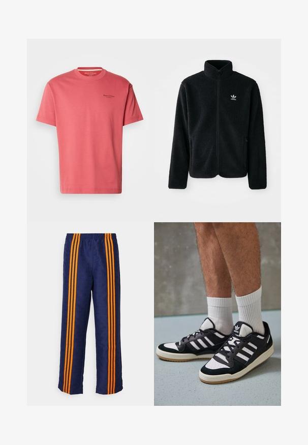 Černá fleecová bunda s vysokým límcem, předním zipem a předními kapsami. Disponuje strukturovanou tkaninou a malým bílým logem na levé hrudi.; Růžové bavlněné tričko s kulatým výstřihem, krátkými rukávy a malým černým logem na levé hrudi. Hladký povrch a uvolněný střih.; Tmavě modré kalhoty s celoplošným vzorovaným efektem a třemi výraznými oranžovými pruhy po každé straně. V horní části elastický pas.; Černobílé tenisky s vrchní částí z semišové a kožené kůže, včetně tří bílých pruhů, perforovaného špičky a podrážky z gumy.