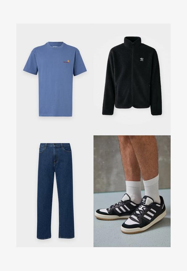 Schwarze Fleecejacke mit hohem Kragen, durchgehendem Reißverschluss und Fronttaschen. Verfügt über strukturiertes Material und ein kleines weißes Logo auf der linken Brust.; Blaues Baumwoll-T-Shirt mit Rundhalsausschnitt. Verfügt über ein kleines rotes und gelbes Carhartt-Logo auf der linken Brust. Kurze Ärmel, gerader Saum.; Dunkelblaue gerade geschnittene Jeans mit Fronttaschen und Knopfverschluss, auf einem schlichten weißen Hintergrund präsentiert.; Schwarz-weiße Sneaker mit einem Obermaterial aus Wildleder und Leder, ausgestattet mit drei weißen Streifen, einer perforierten Zehenpartie und einer Sohle aus Gummi.