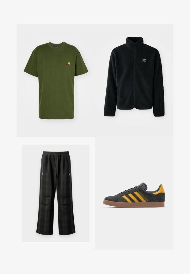 Zwarte fleece jacket met hoge kraag, ritssluiting aan de voorkant en voorzakken. Kenmerkt zich door textuurstof en een klein wit logo op de linkerborst.; Carhartt WIP AMERICAN SCRIPT - T-shirt basic - tarragon; Zwarte geruite broek met een elastische tailleband, twee voorzakken en een losse pasvorm met een rechte pijpdesign. Gemaakt van lichtgewicht materiaal.; Zwarte suède sneakers met gele accenten, voorzien van drie strepen en een bruine rubberen zool. Inclusief een gevoerde tong voor comfort.