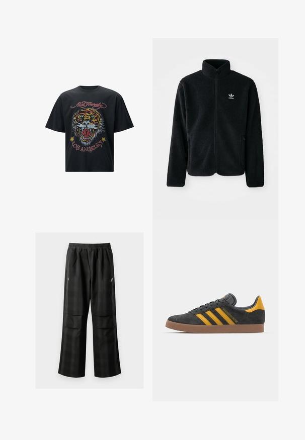 Musta fleece-takki, jossa on korkea kaulus, vetoketjusuljenta ja etutaskut. Käyttää teksturoitua kangasta ja siinä on pieni valkoinen logo vasemmassa rinnassa.; Musta lyhythihainen t-paita, jossa on suuri, värikäs tiikerigrafiikka, punaista ja keltaista korostusta, ja teksti "Ed Hardy Los Angeles".; Mustat ruudulliset housut, joissa on joustava vyötärö, kaksi etutaskua ja rento istuvuus suoralla lahkeella. Valmistettu kevyestä materiaalista.; Mustat samettiset tennarit, joissa on keltaisia yksityiskohtia, kolmonen raita ja ruskea kumipohja. Sisältää pehmustetun kielisen mukavuutta varten.