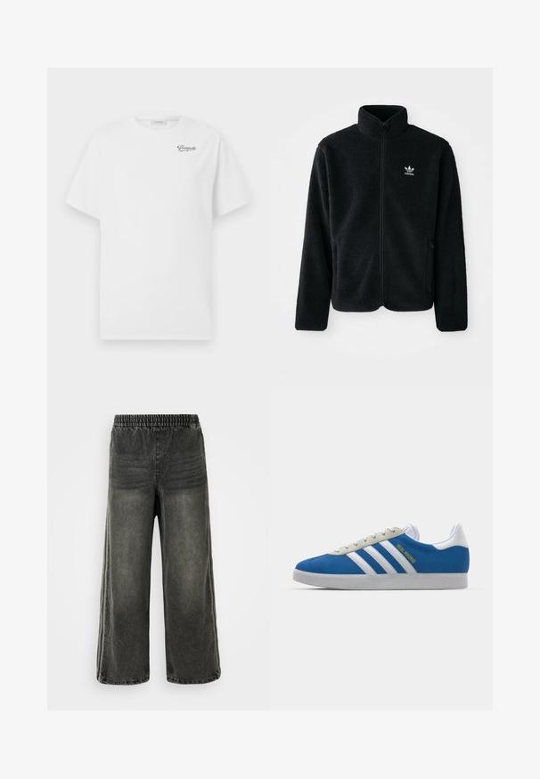 Crna fleec jakna s visokim ovratnikom, prednjim zatvaračem i prednjim džepovima. Ima teksturirani materijal i mali bijeli logo na lijevoj strani prsnog koša.; Bijela pamučna majica kratkih rukava, s okruglim izrezom, s crnim "Pompeii" logotipom na lijevoj strani prsiju. Mekana, glatka tekstura.; Crne pranedene traperice s elastičnim pojasom i širokim nogavicama, koje sadrže suptilne vertikalne šavove s bočnih strana.; adidas Originals ADIDAS GAZELLE SHOES - Dvoranske nogometne kopačke - real madrid/bluebird/footwear white/crew yellow